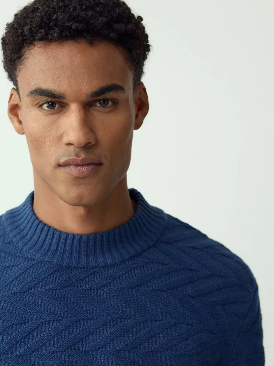 Next Regular Fit Cotton Rich Chevron Cable Crew Neck Jumper Mid Blue