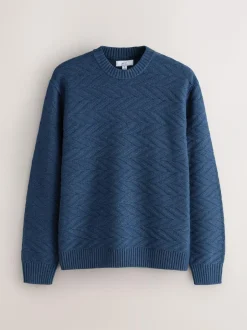 Next Regular Fit Cotton Rich Chevron Cable Crew Neck Jumper Mid Blue