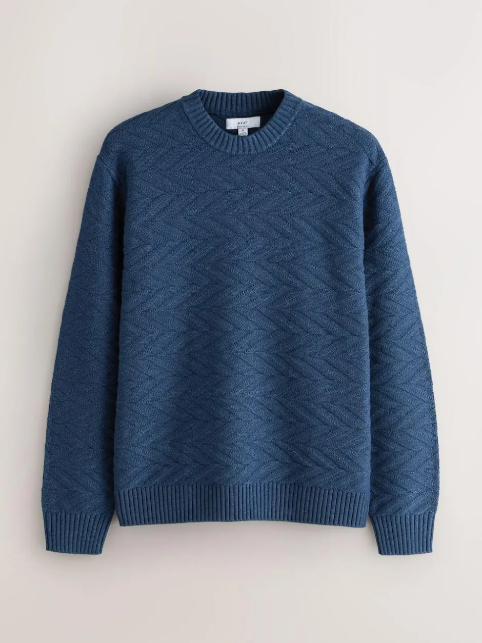 Next Regular Fit Cotton Rich Chevron Cable Crew Neck Jumper Mid Blue