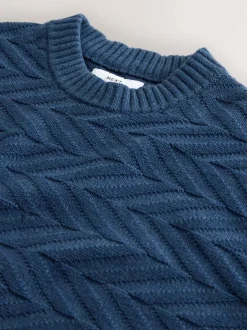 Next Regular Fit Cotton Rich Chevron Cable Crew Neck Jumper Mid Blue