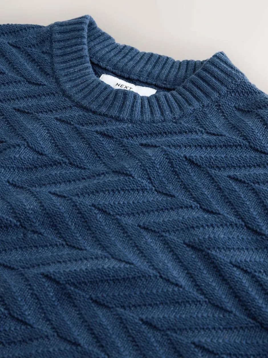 Next Regular Fit Cotton Rich Chevron Cable Crew Neck Jumper Mid Blue