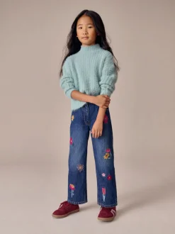 Next Mid Blue Regular Fit Floral Embroidered Straight Leg Jeans (3-16yrs)