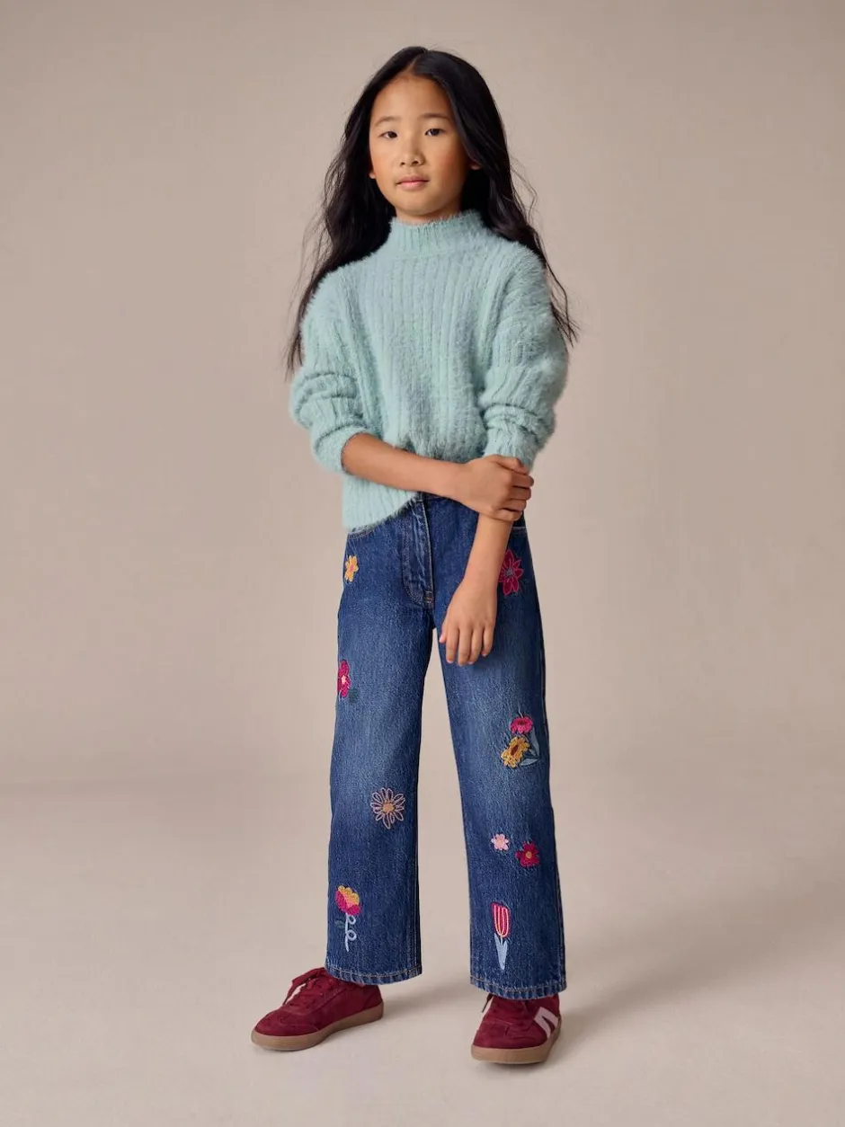 Next Mid Blue Regular Fit Floral Embroidered Straight Leg Jeans (3-16yrs)