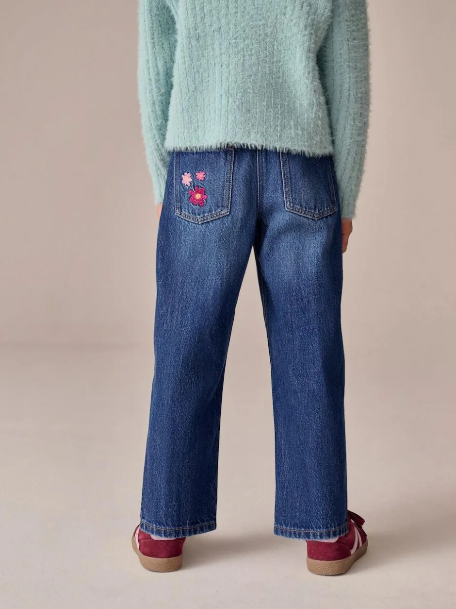 Next Mid Blue Regular Fit Floral Embroidered Straight Leg Jeans (3-16yrs)