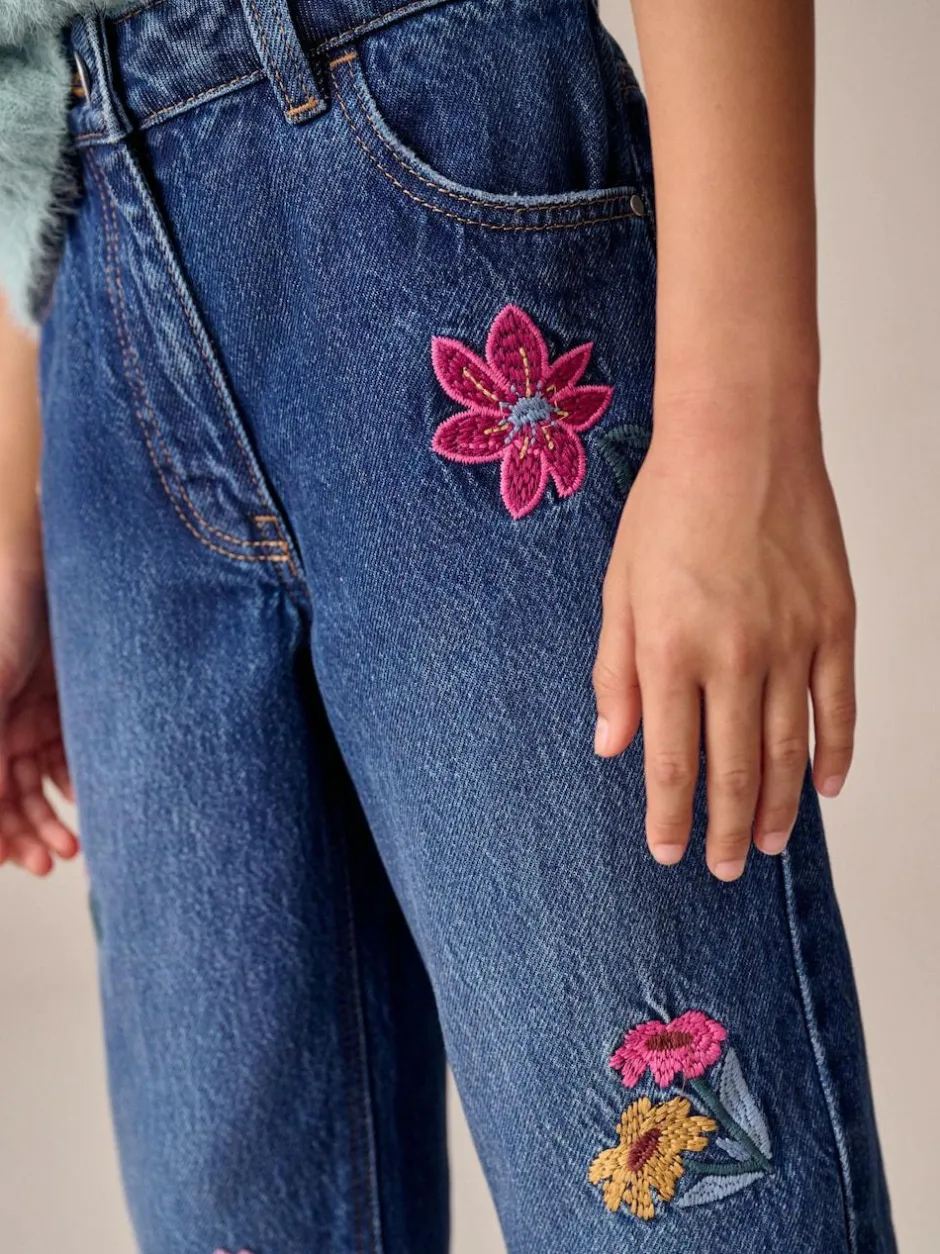 Next Mid Blue Regular Fit Floral Embroidered Straight Leg Jeans (3-16yrs)
