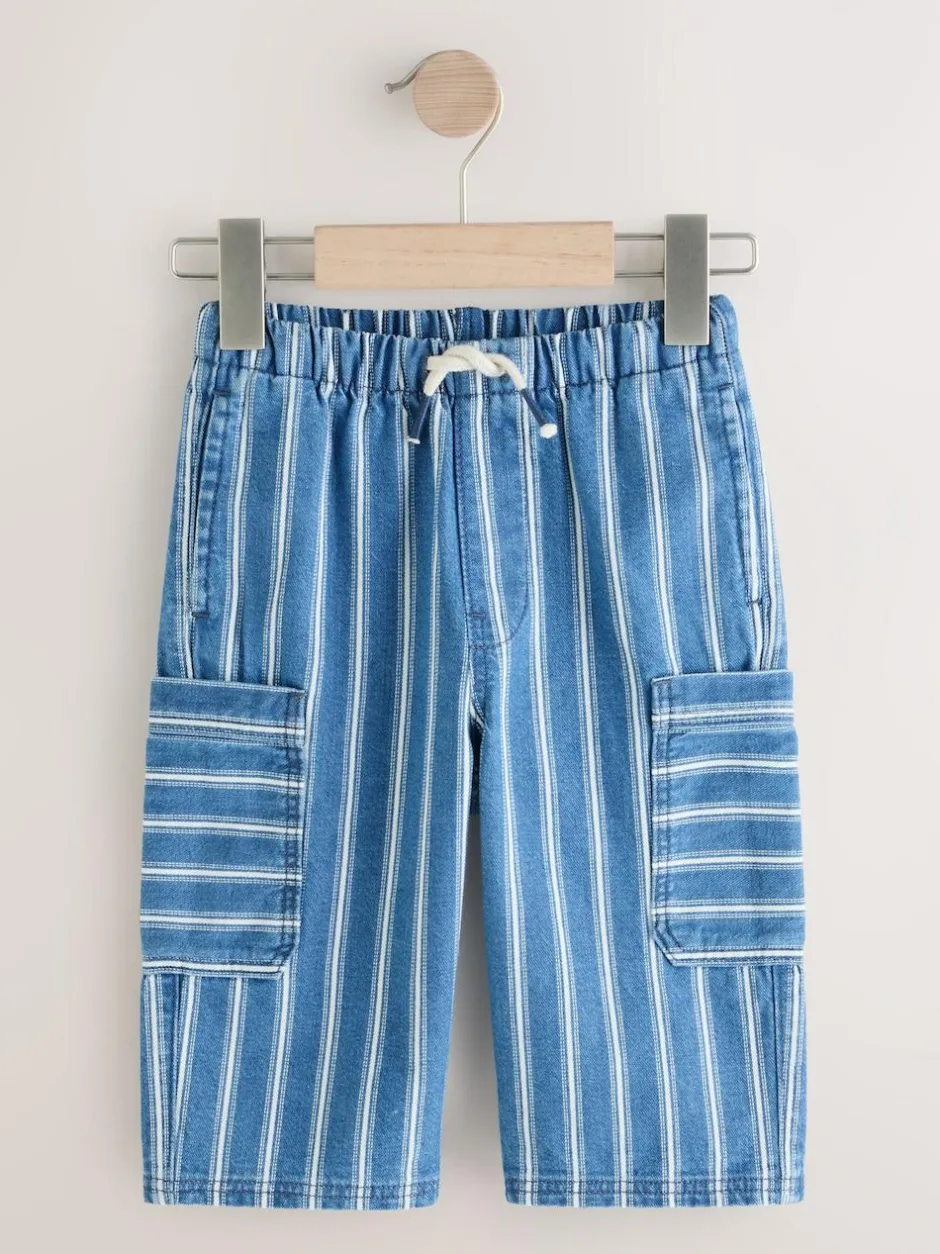 Next Wide Leg Pull On Cargo 100% Cotton Jeans (3mths-7yrs) Mid Blue Stripe New