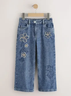 Next Mid Blue Wide Fit Wide Floral Print Embellished Jeans (3-16yrs) Hot