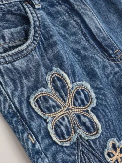 Next Mid Blue Wide Fit Wide Floral Print Embellished Jeans (3-16yrs) Hot