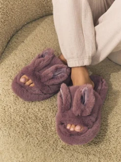 Next Mink Brown Bunny Faux Fur Slider Slippers New