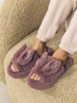 Next Mink Brown Bunny Faux Fur Slider Slippers New