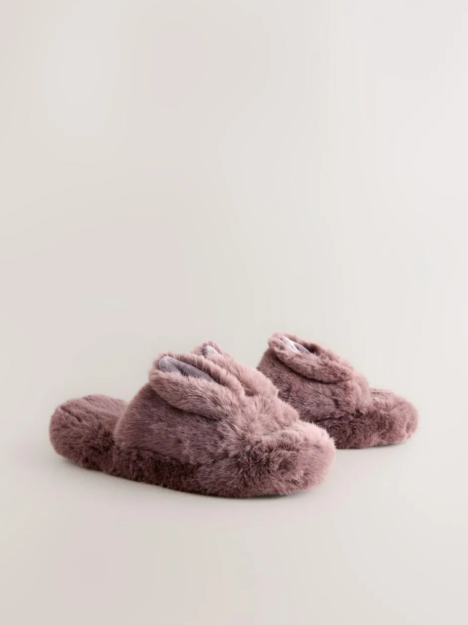 Next Mink Brown Bunny Faux Fur Slider Slippers New