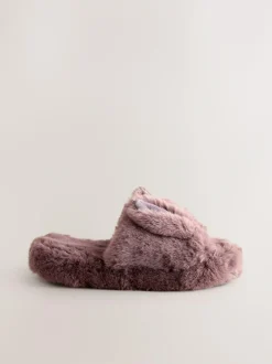 Next Mink Brown Bunny Faux Fur Slider Slippers New
