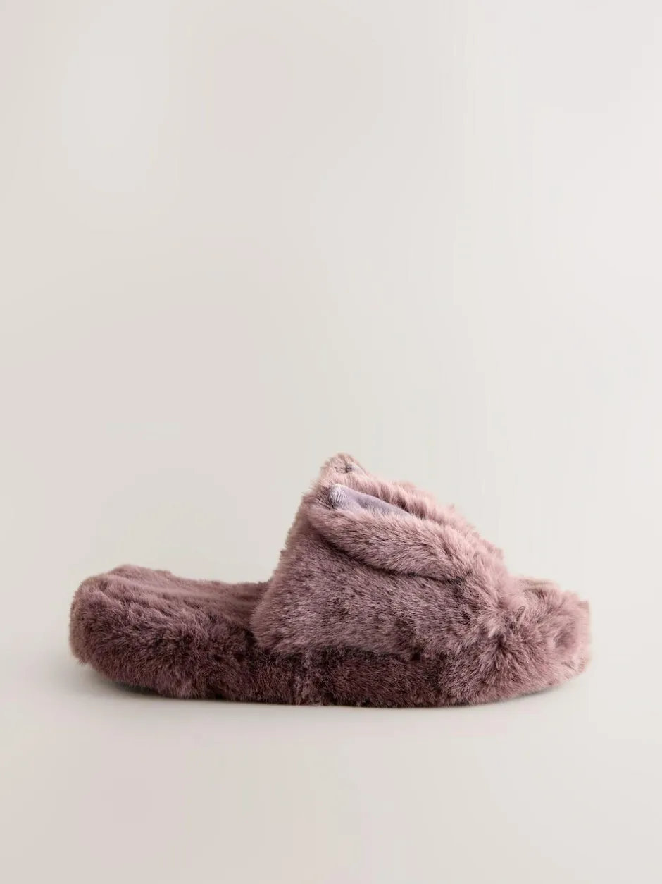 Next Mink Brown Bunny Faux Fur Slider Slippers New