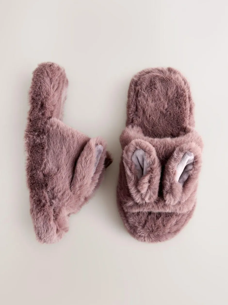 Next Mink Brown Bunny Faux Fur Slider Slippers New