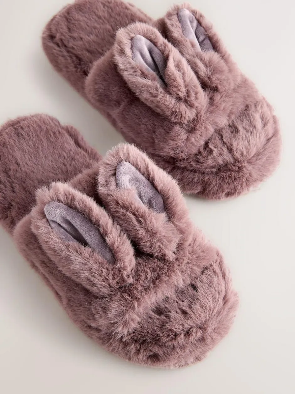 Next Mink Brown Bunny Faux Fur Slider Slippers New