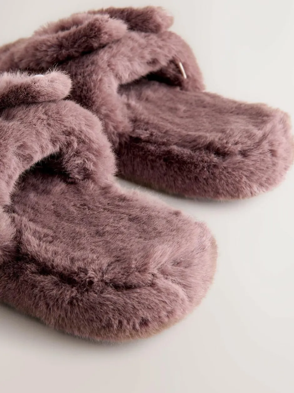 Next Mink Brown Bunny Faux Fur Slider Slippers New