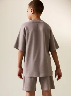 Next Textured Short Sleeve T-Shirt and Shorts Set (3-16yrs) Mink Brown Outlet