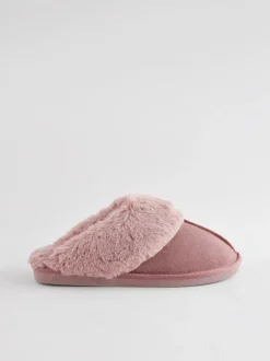 Next Mink Pink Faux Fur Lined Suede Mule Slippers New