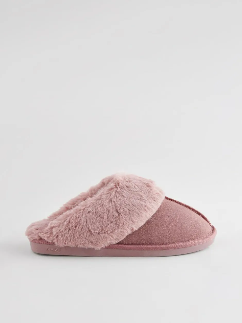 Next Mink Pink Faux Fur Lined Suede Mule Slippers New