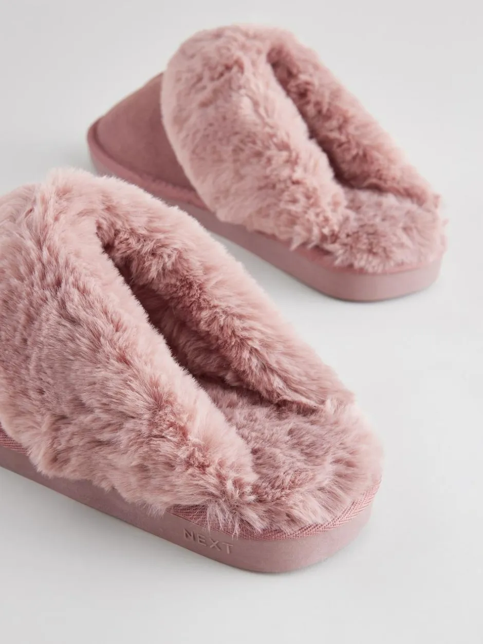 Next Mink Pink Faux Fur Lined Suede Mule Slippers New
