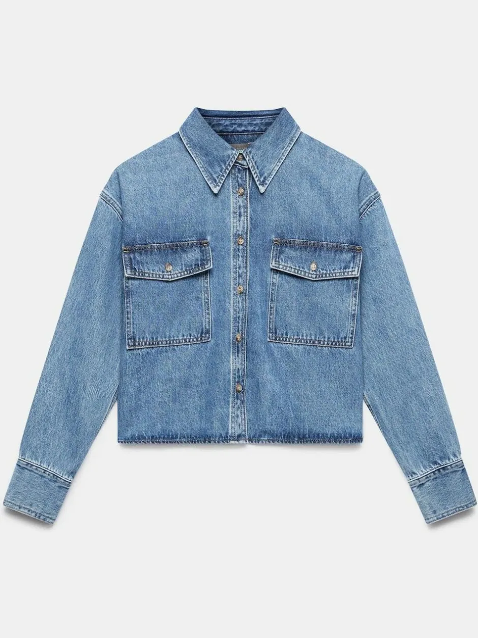Mint Velvet Blue 100% Cotton Cropped Denim Shirt Hot