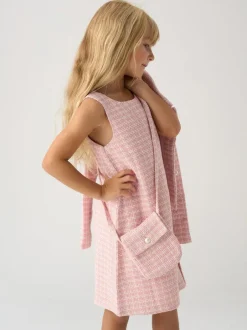 Miss Pink Tweed Check Jacket, Dress and Bag Set New