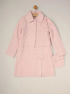 Miss Pink Tweed Check Jacket, Dress and Bag Set New