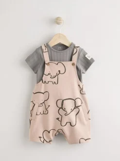 Next Mono Elephant Jersey 100% Cotton Dungaree and Bodysuit Baby Set (0mths-2yrs) New