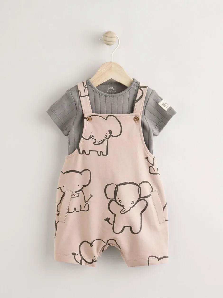 Next Mono Elephant Jersey 100% Cotton Dungaree and Bodysuit Baby Set (0mths-2yrs) New