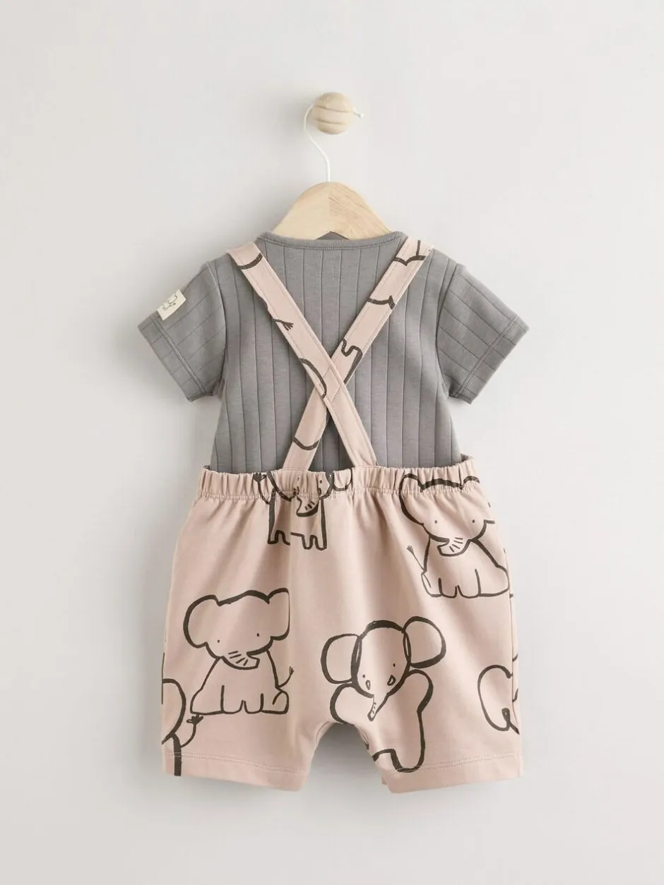 Next Mono Elephant Jersey 100% Cotton Dungaree and Bodysuit Baby Set (0mths-2yrs) New