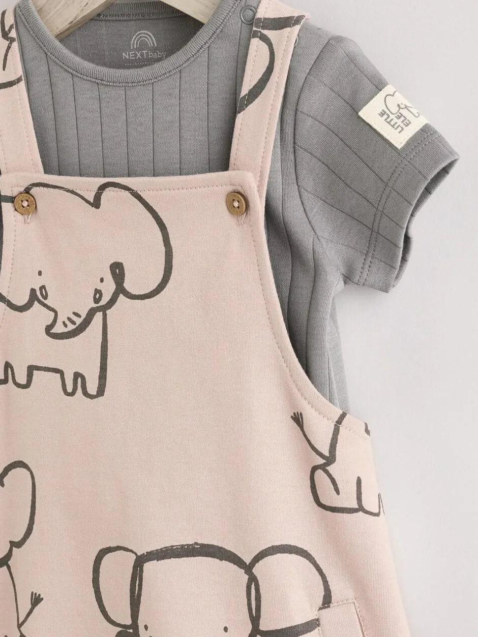 Next Mono Elephant Jersey 100% Cotton Dungaree and Bodysuit Baby Set (0mths-2yrs) New