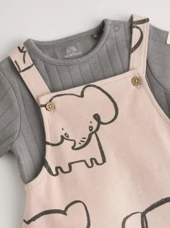 Next Mono Elephant Jersey 100% Cotton Dungaree and Bodysuit Baby Set (0mths-2yrs) New