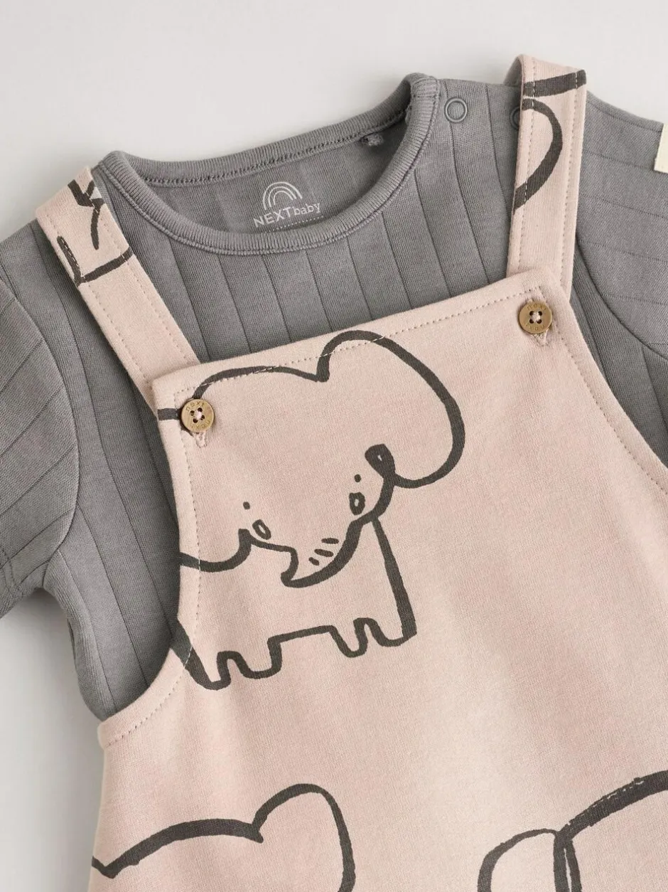 Next Mono Elephant Jersey 100% Cotton Dungaree and Bodysuit Baby Set (0mths-2yrs) New