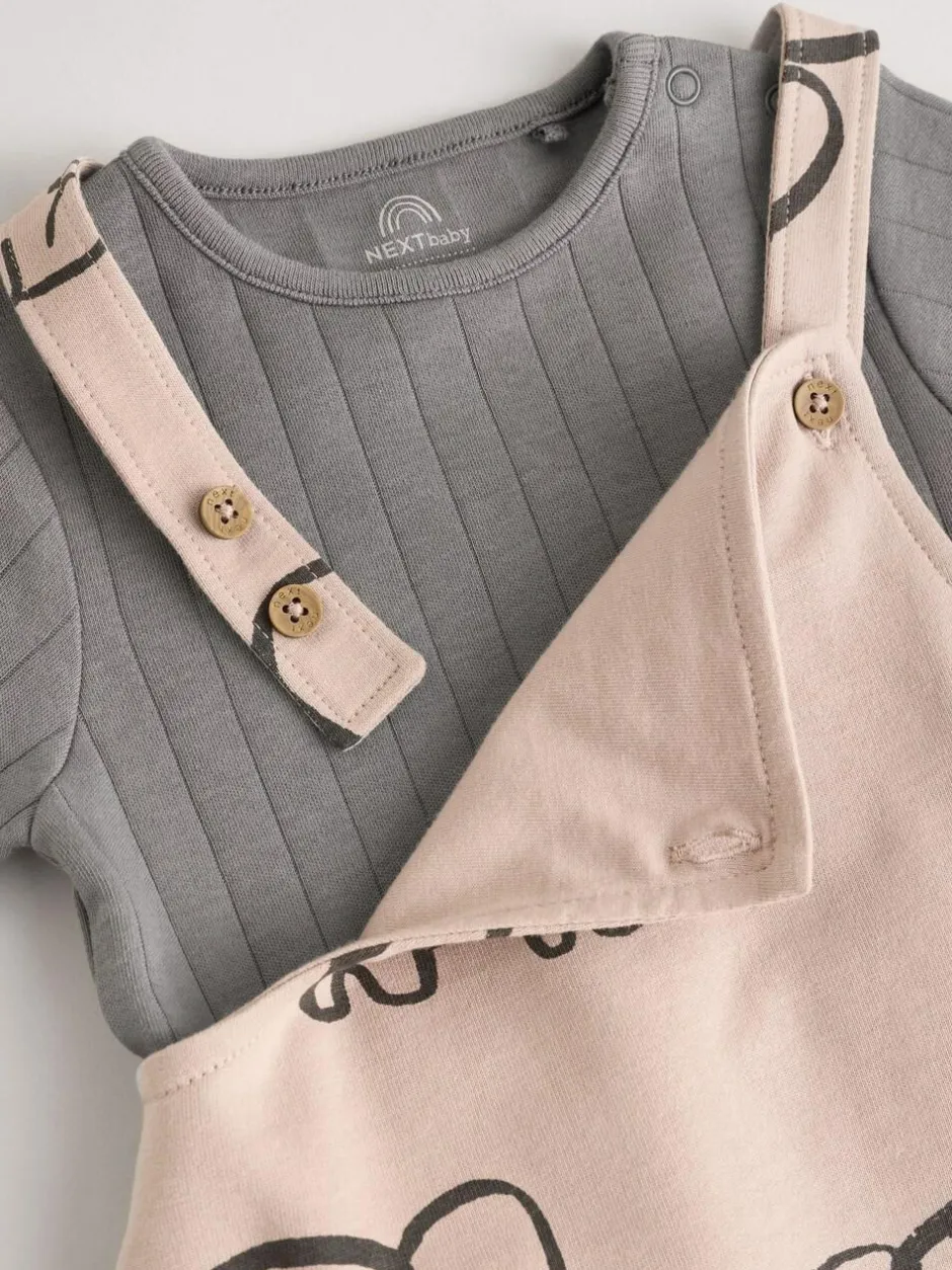 Next Mono Elephant Jersey 100% Cotton Dungaree and Bodysuit Baby Set (0mths-2yrs) New
