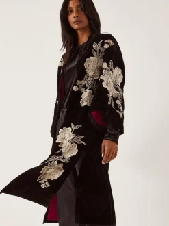 Monsoon Black Fia Floral Embroidered Velvet Kimono Clearance