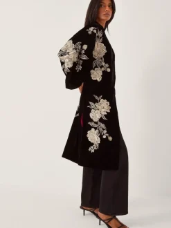 Monsoon Black Fia Floral Embroidered Velvet Kimono Clearance