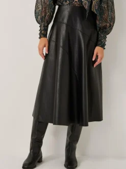 Monsoon Marnie Faux Leather Midi Skirt Black