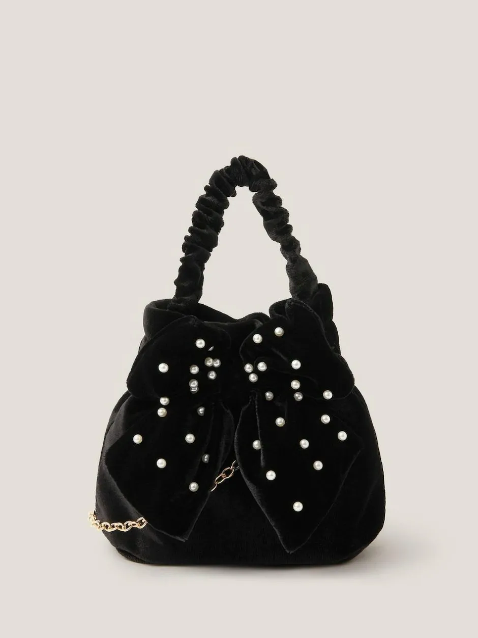 Monsoon Black Pearl Bow Velvet Bag Online