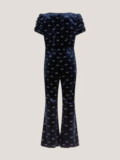 Monsoon Blue Bow Embellished Velvet Flare Jumpsuit