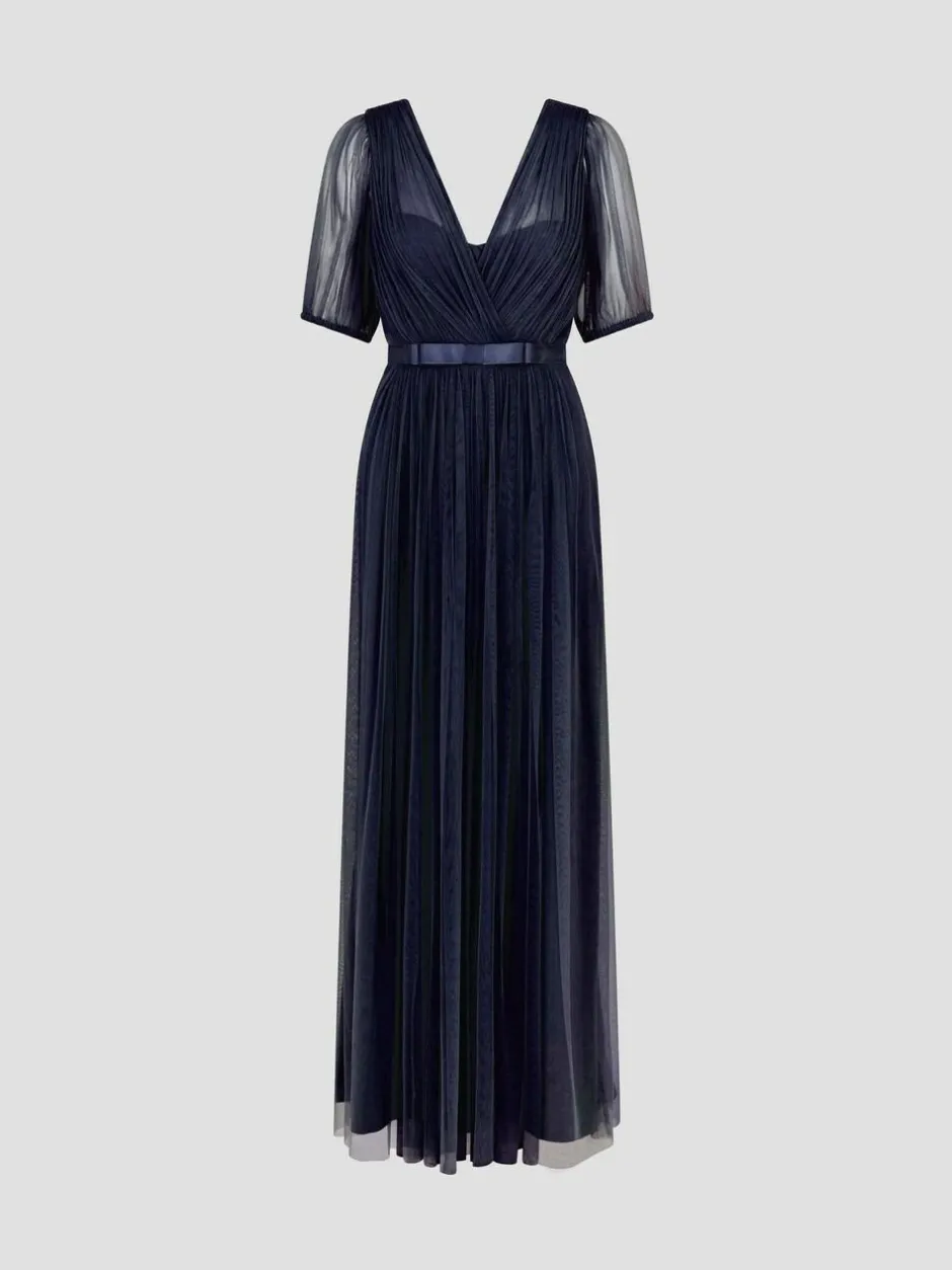 Monsoon Ellie Sheer Sleeve Plunge Tulle Maxi Dress Blue Sale