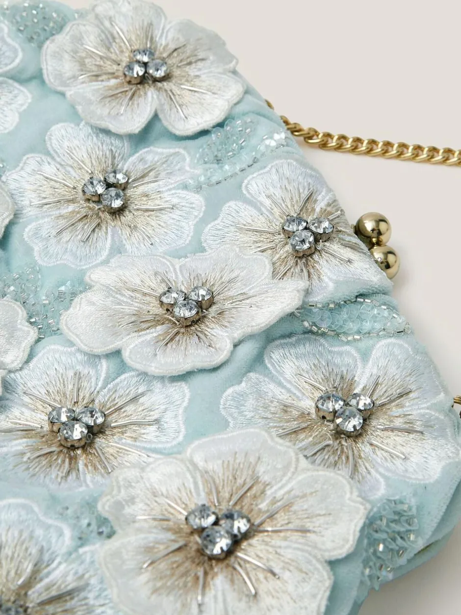 Monsoon Blue Mara Appliqué Flower Clutch New