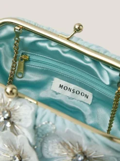 Monsoon Blue Mara Appliqué Flower Clutch New