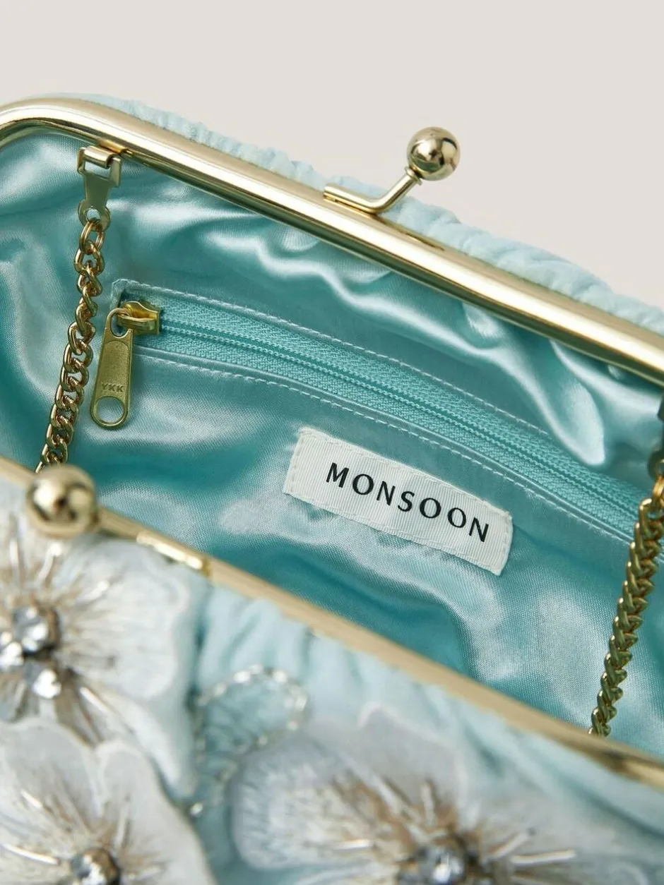 Monsoon Blue Mara Appliqué Flower Clutch New