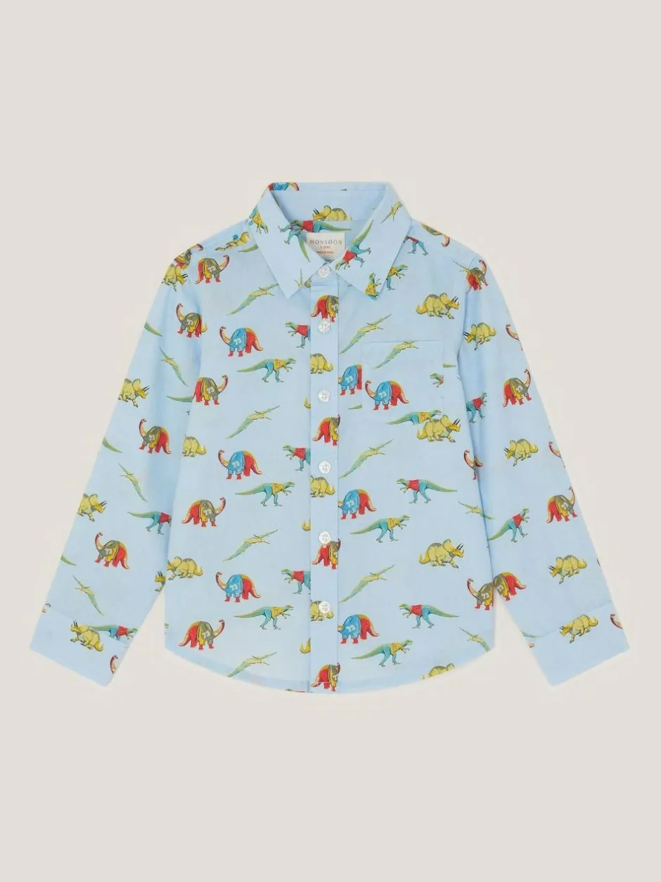 Monsoon Blue Varsity Dinosaur Print Shirt New