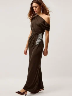 Monsoon Brown Trina Asymmetrical Embellished Jersey Maxi Dress Clearance