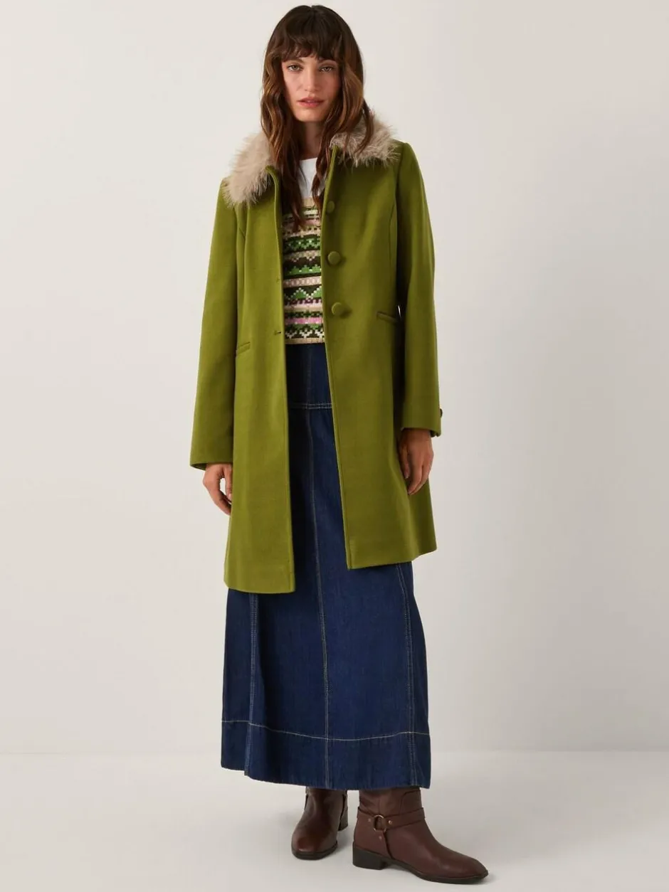Monsoon Green Beatrice Faux Fur Collar Coat Online