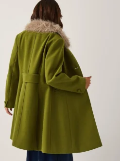 Monsoon Green Beatrice Faux Fur Collar Coat Online