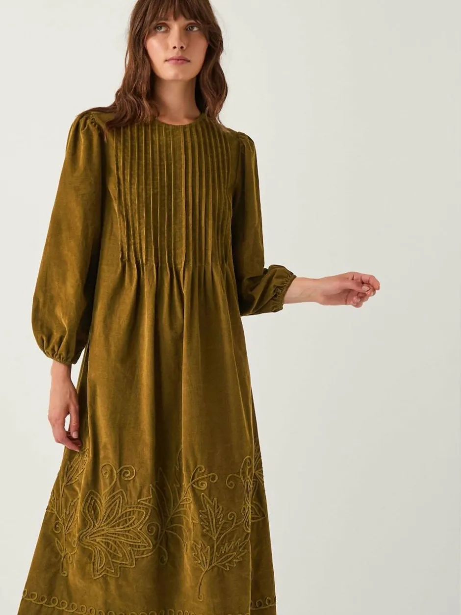 Monsoon Green Joyce Pintuck Embroidered Corduroy Midi Dress Hot