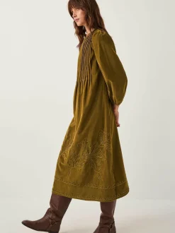 Monsoon Green Joyce Pintuck Embroidered Corduroy Midi Dress Hot