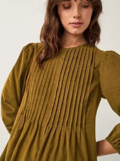 Monsoon Green Joyce Pintuck Embroidered Corduroy Midi Dress Hot